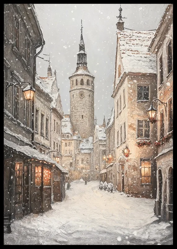 Illustrated winter street in medieval town with snowfall-12