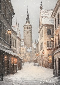 Ilustrēta ziemas iela viduslaiku pilsētā ar sniegputeni-7