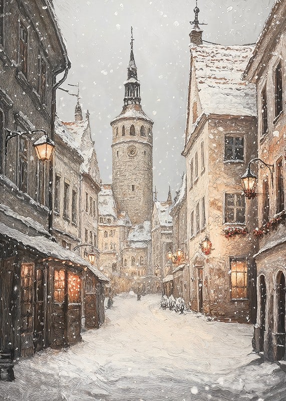 Ilustrēta ziemas iela viduslaiku pilsētā ar sniegputeni-12