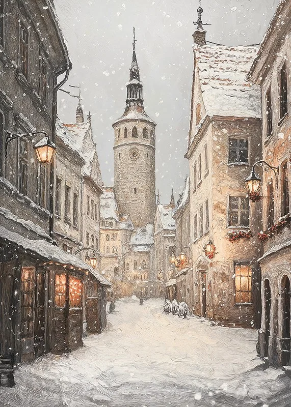 Illustrated winter street in medieval town with snowfall-12