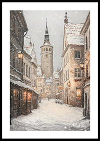 Ilustrēta ziemas iela viduslaiku pilsētā ar sniegputeni-0