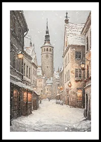 Illustrated winter street in medieval town with snowfall-0