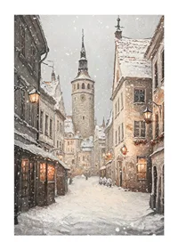 Illustrated winter street in medieval town with snowfall-1