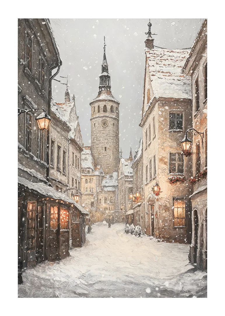 Illustrated winter street in medieval town with snowfall-12