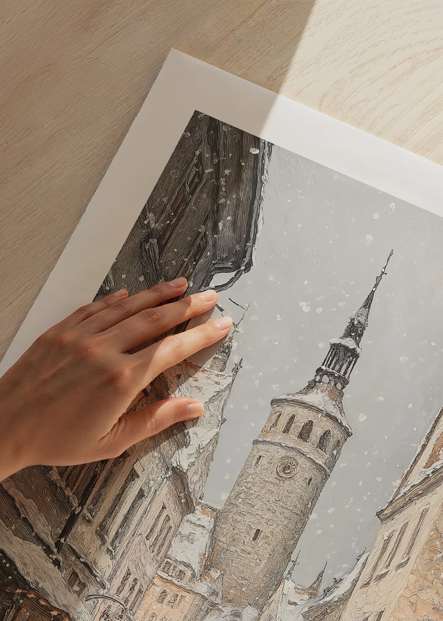 Ilustrēta ziemas iela viduslaiku pilsētā ar sniegputeni-12