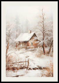 Căsuță din lemn pictată cu acoperiș acoperit de zăpadă în peisajul de iarnă-2