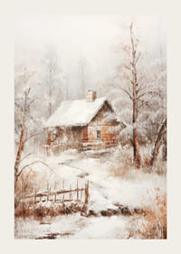 Căsuță din lemn pictată cu acoperiș acoperit de zăpadă în peisajul de iarnă-3