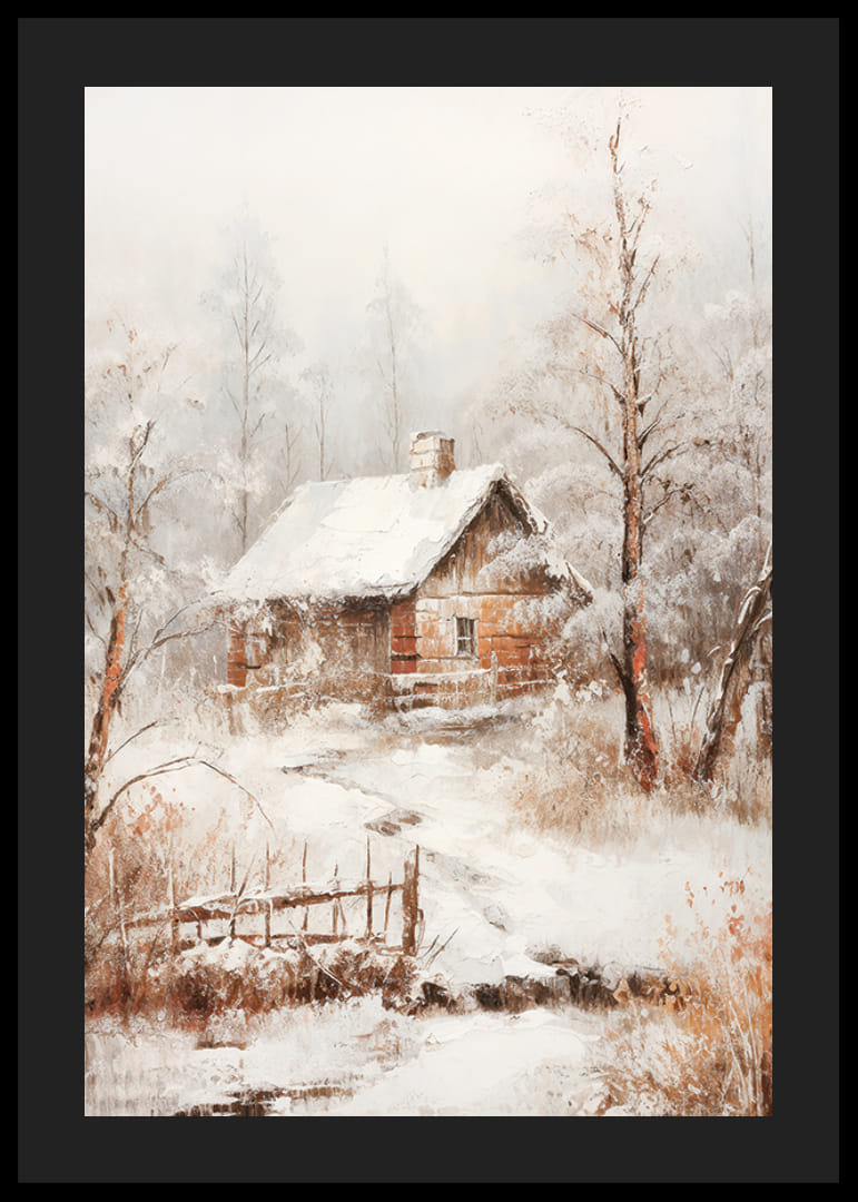 Căsuță din lemn pictată cu acoperiș acoperit de zăpadă în peisajul de iarnă-12