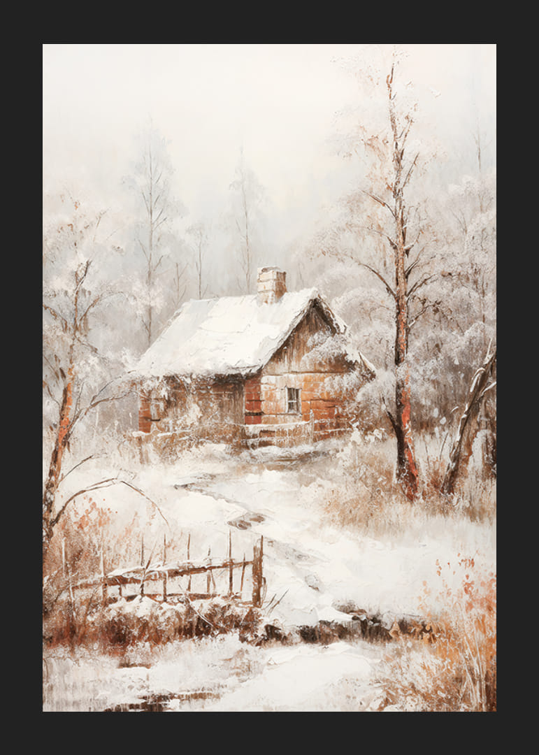 Căsuță din lemn pictată cu acoperiș acoperit de zăpadă în peisajul de iarnă-12