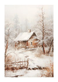 Målad trästuga med snötäckt tak i vinterlandskap-1