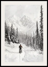 Illustrated skier in snow-covered forest landscape, black and white-2