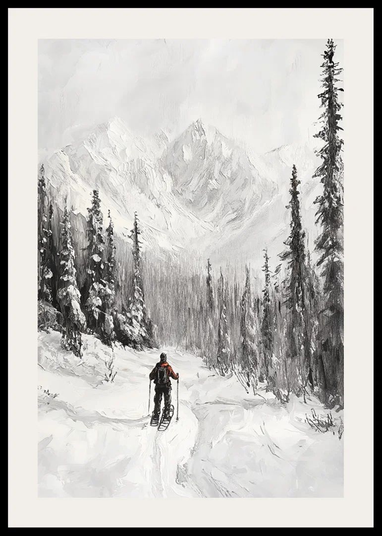 Illustrated skier in snow-covered forest landscape, black and white-12