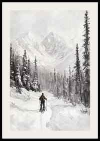 Iliustruotas slidininkas sniegu padengtame miško peizaže, juodai baltas-2