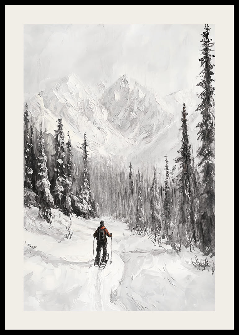 Iliustruotas slidininkas sniegu padengtame miško peizaže, juodai baltas-12