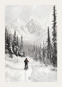 Illustrated skier in snow-covered forest landscape, black and white-3