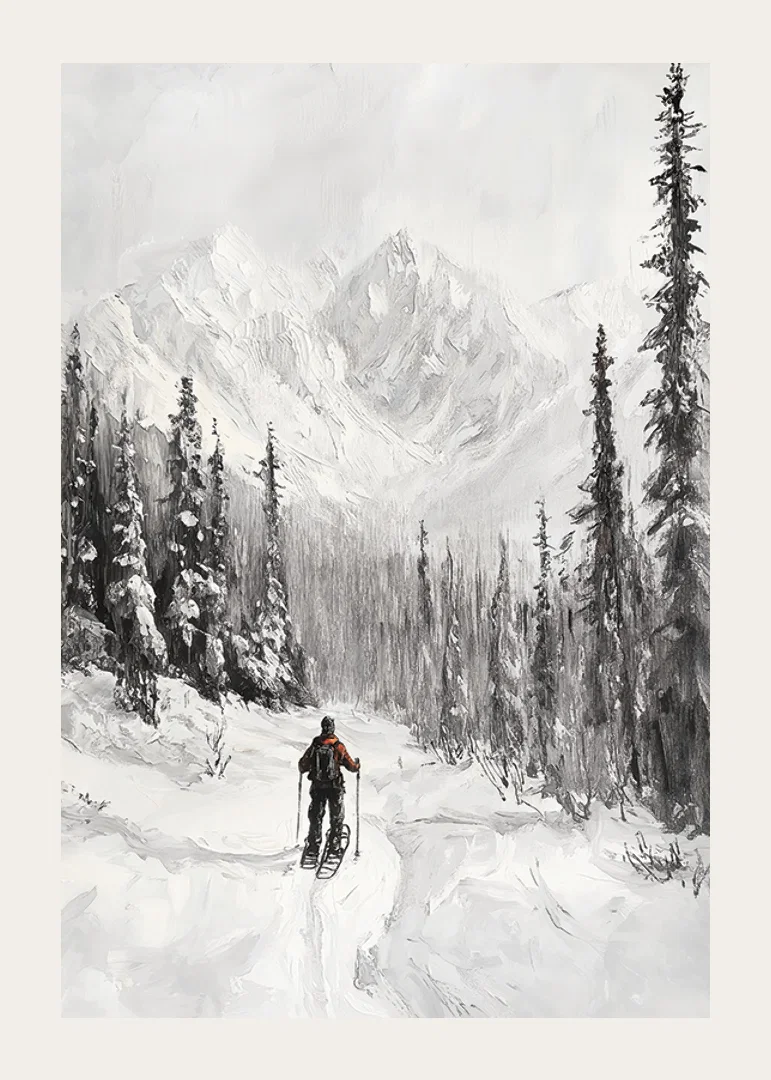 Illustrated skier in snow-covered forest landscape, black and white-12
