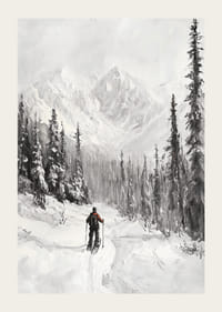 Iliustruotas slidininkas sniegu padengtame miško peizaže, juodai baltas-3