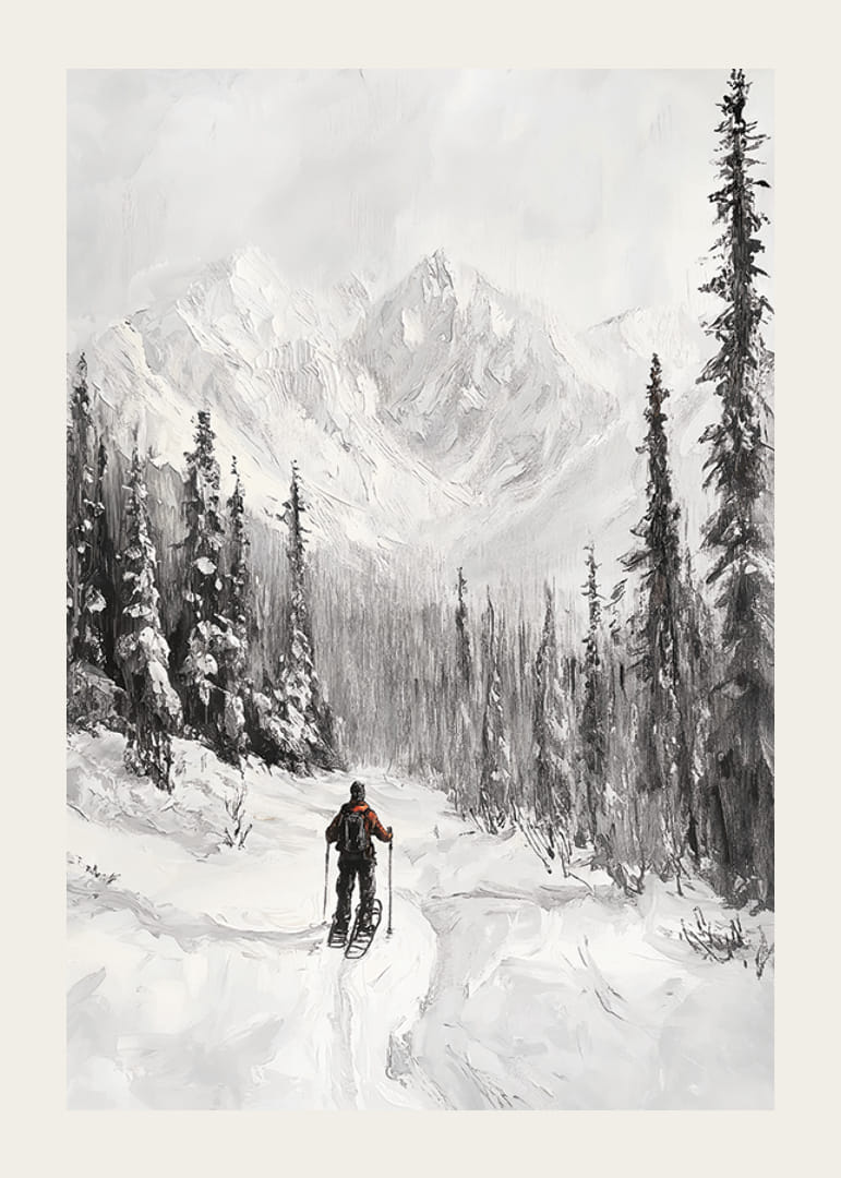 Iliustruotas slidininkas sniegu padengtame miško peizaže, juodai baltas-12