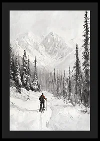 Illustrated skier in snow-covered forest landscape, black and white-4