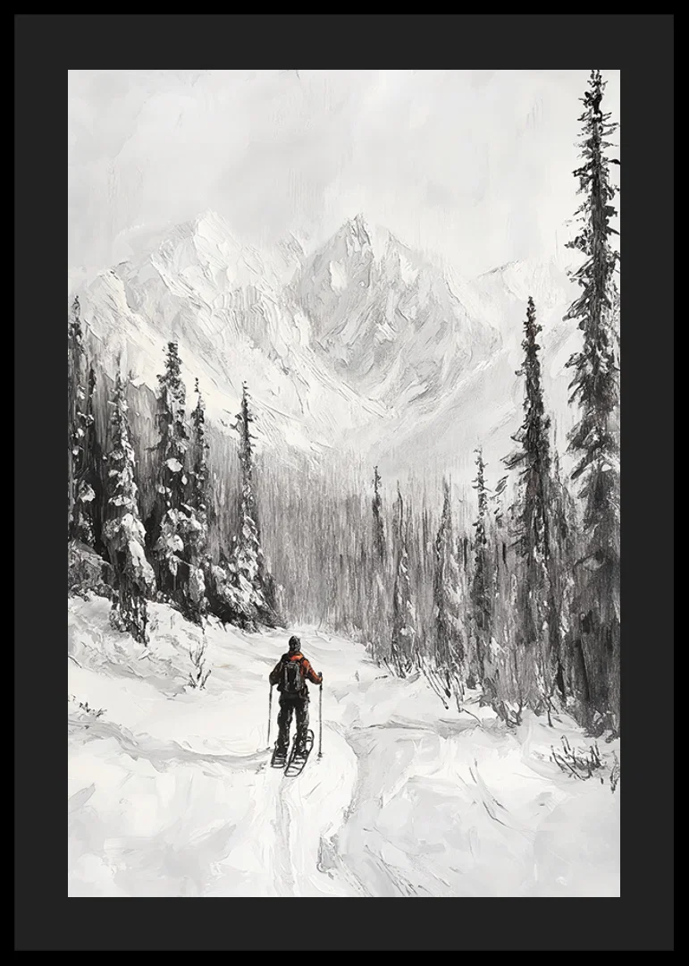 Illustrated skier in snow-covered forest landscape, black and white-12