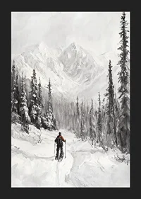 Illustrated skier in snow-covered forest landscape, black and white-5