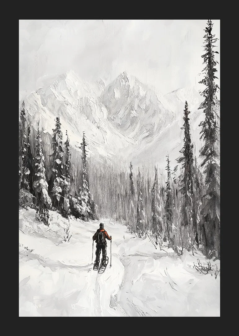 Illustrated skier in snow-covered forest landscape, black and white-12