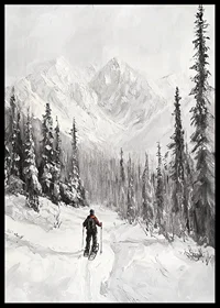 Illustrated skier in snow-covered forest landscape, black and white-6