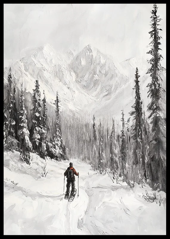 Illustrated skier in snow-covered forest landscape, black and white-12
