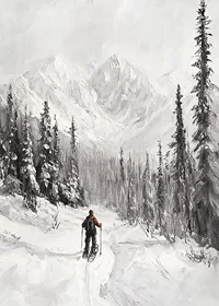 Illustrated skier in snow-covered forest landscape, black and white-7