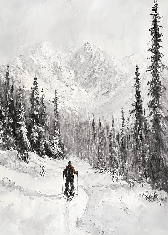 Illustrated skier in snow-covered forest landscape, black and white-12