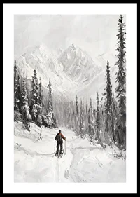 Illustrated skier in snow-covered forest landscape, black and white-0