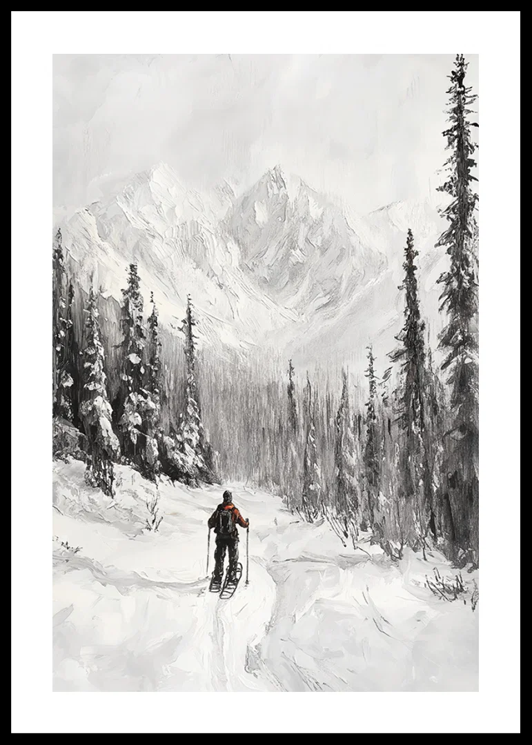 Illustrated skier in snow-covered forest landscape, black and white-12