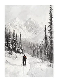 Illustrated skier in snow-covered forest landscape, black and white-1