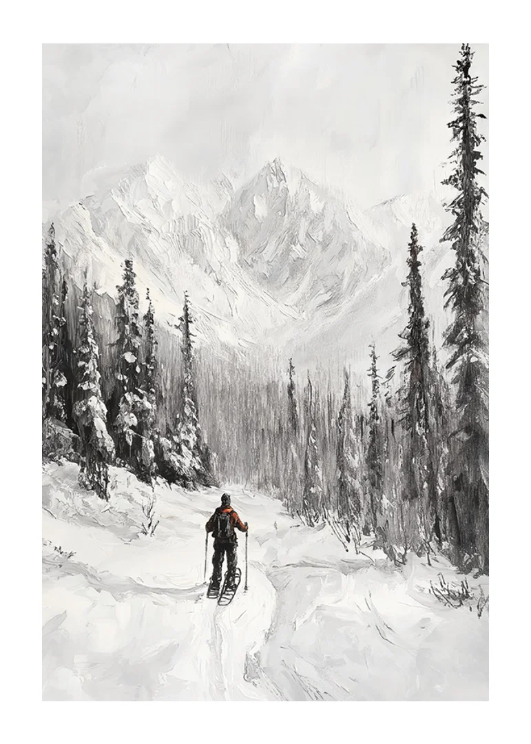Illustrated skier in snow-covered forest landscape, black and white-12