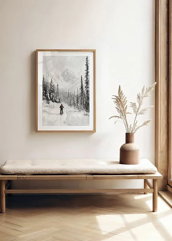 Illustrated skier in snow-covered forest landscape, black and white-12