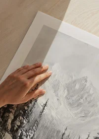 Illustrated skier in snow-covered forest landscape, black and white-9