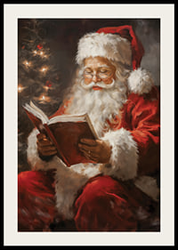 Painted Santa Claus in red costume reading book next to Christmas tree-2