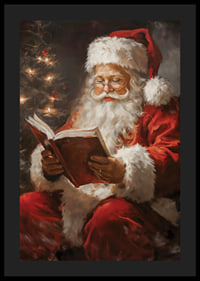 Painted Santa Claus in red costume reading book next to Christmas tree-4