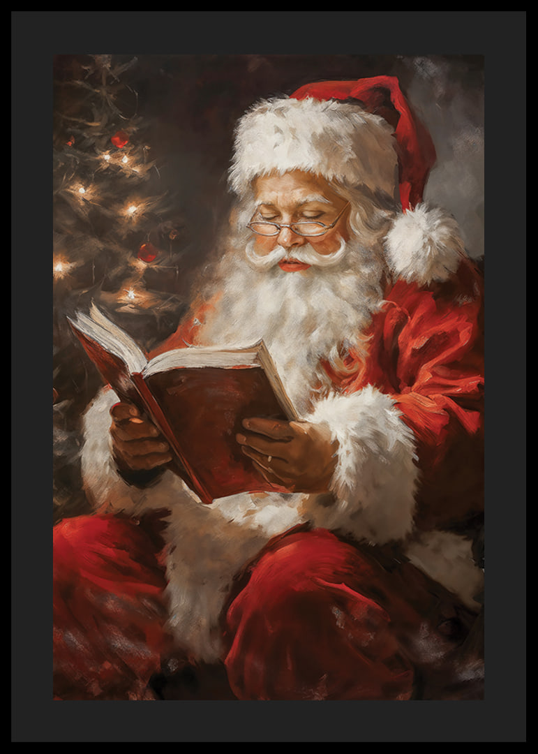 Painted Santa Claus in red costume reading book next to Christmas tree-12