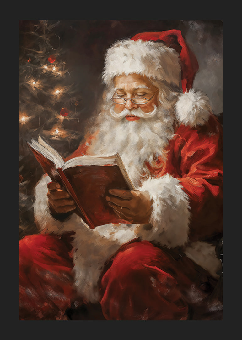 Painted Santa Claus in red costume reading book next to Christmas tree-12