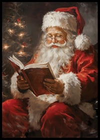 Painted Santa Claus in red costume reading book next to Christmas tree-6