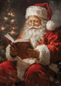 Painted Santa Claus in red costume reading book next to Christmas tree-7