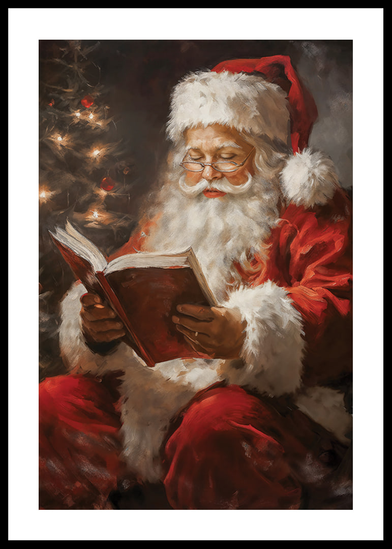 Painted Santa Claus in red costume reading book next to Christmas tree-12