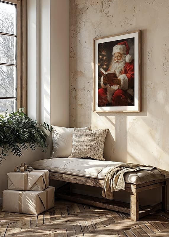 Painted Santa Claus in red costume reading book next to Christmas tree-12