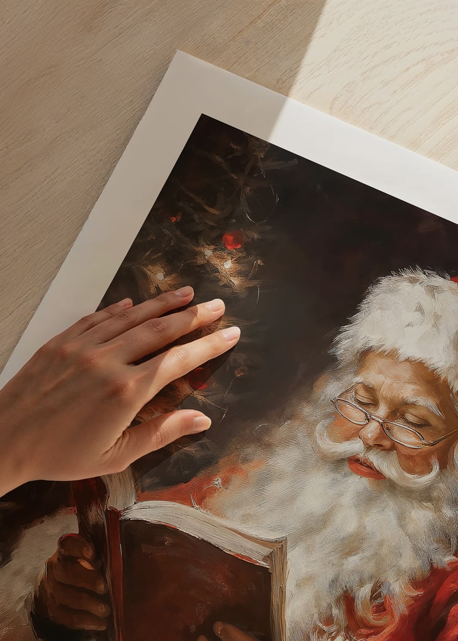 Painted Santa Claus in red costume reading book next to Christmas tree-12