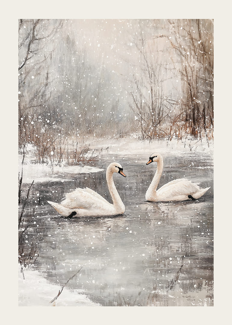 Ilustrație cu două lebede pe un iaz înghețat cu ninsoare-12