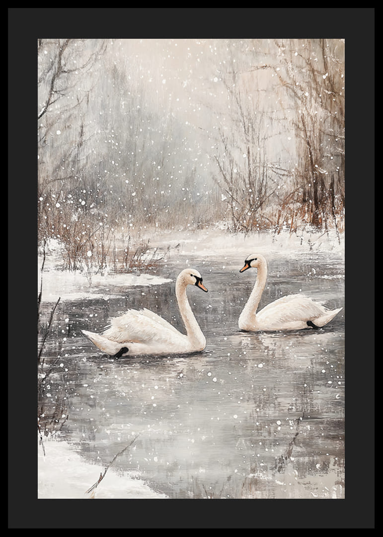 Ilustrație cu două lebede pe un iaz înghețat cu ninsoare-12