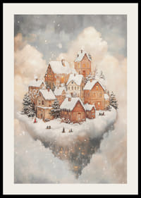 Ilustrovaná zimná krajina so zasneženými domami medzi oblakmi-2