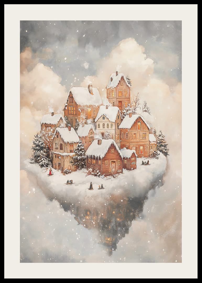 Ilustrovaná zimná krajina so zasneženými domami medzi oblakmi-12