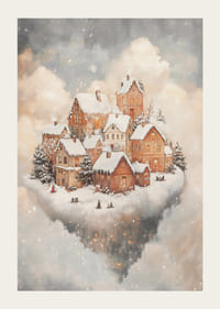 Ilustrovaná zimná krajina so zasneženými domami medzi oblakmi-3